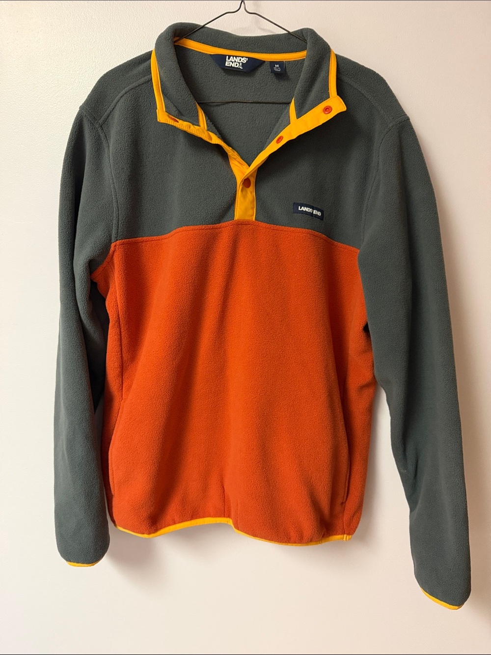 Lands' End Two-Tone Fleece Pullover in Orange and Gray with Yellow Trim